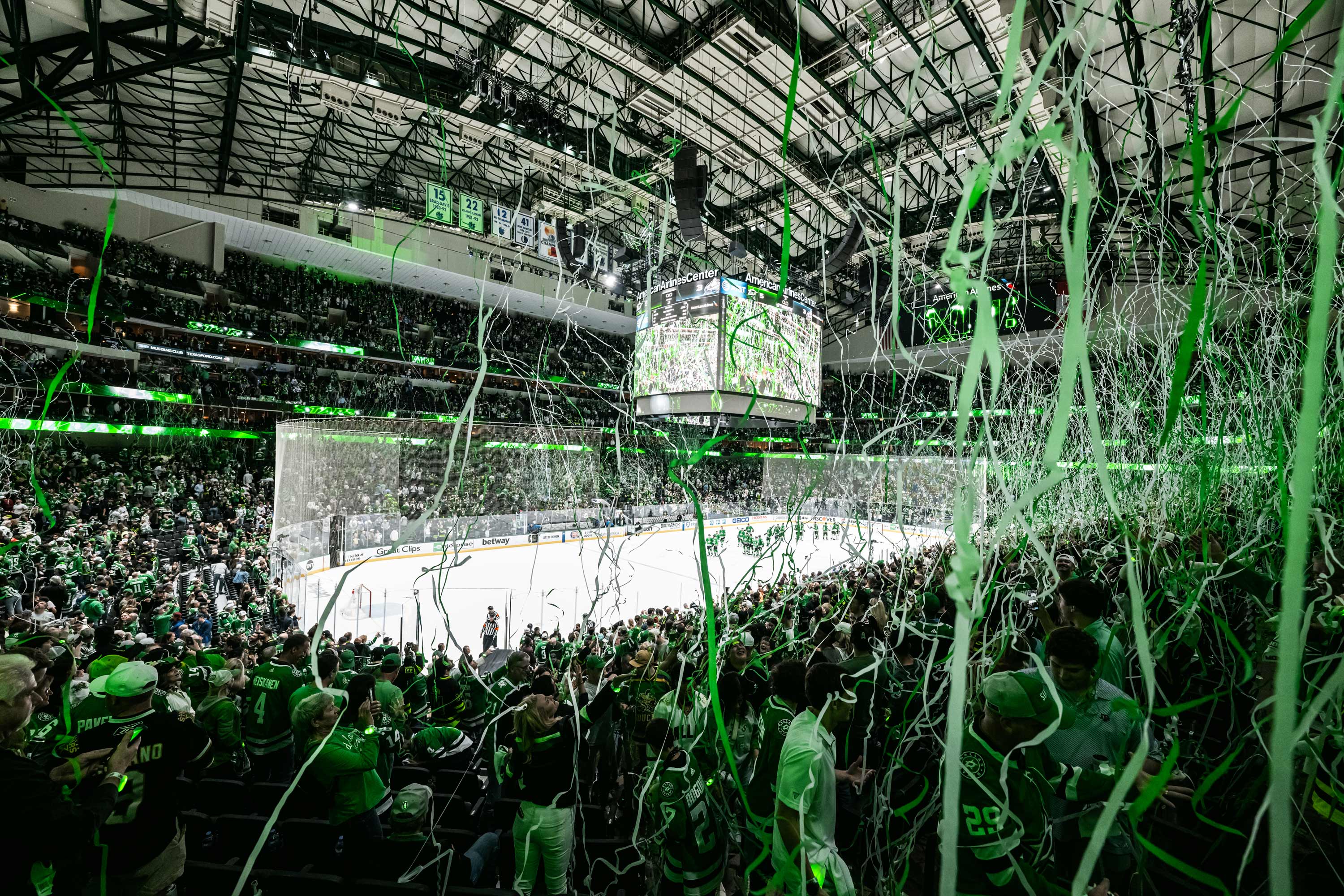 The arena filled with green confetti after a win.